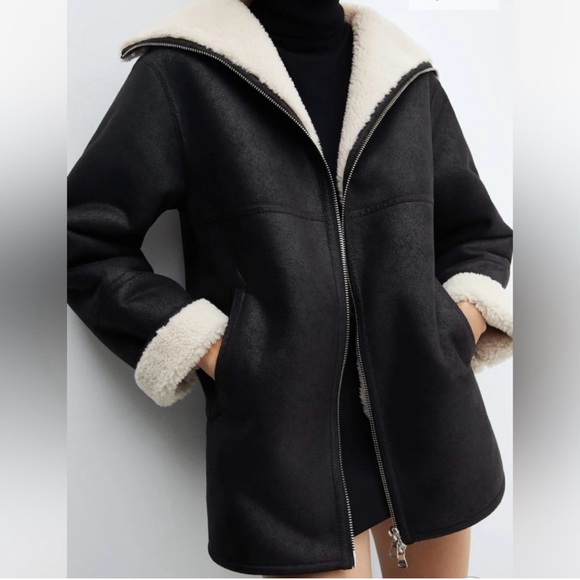 Mango Faux Shearling Faux Leather Black and Cream Coat - Picture 2 of 10